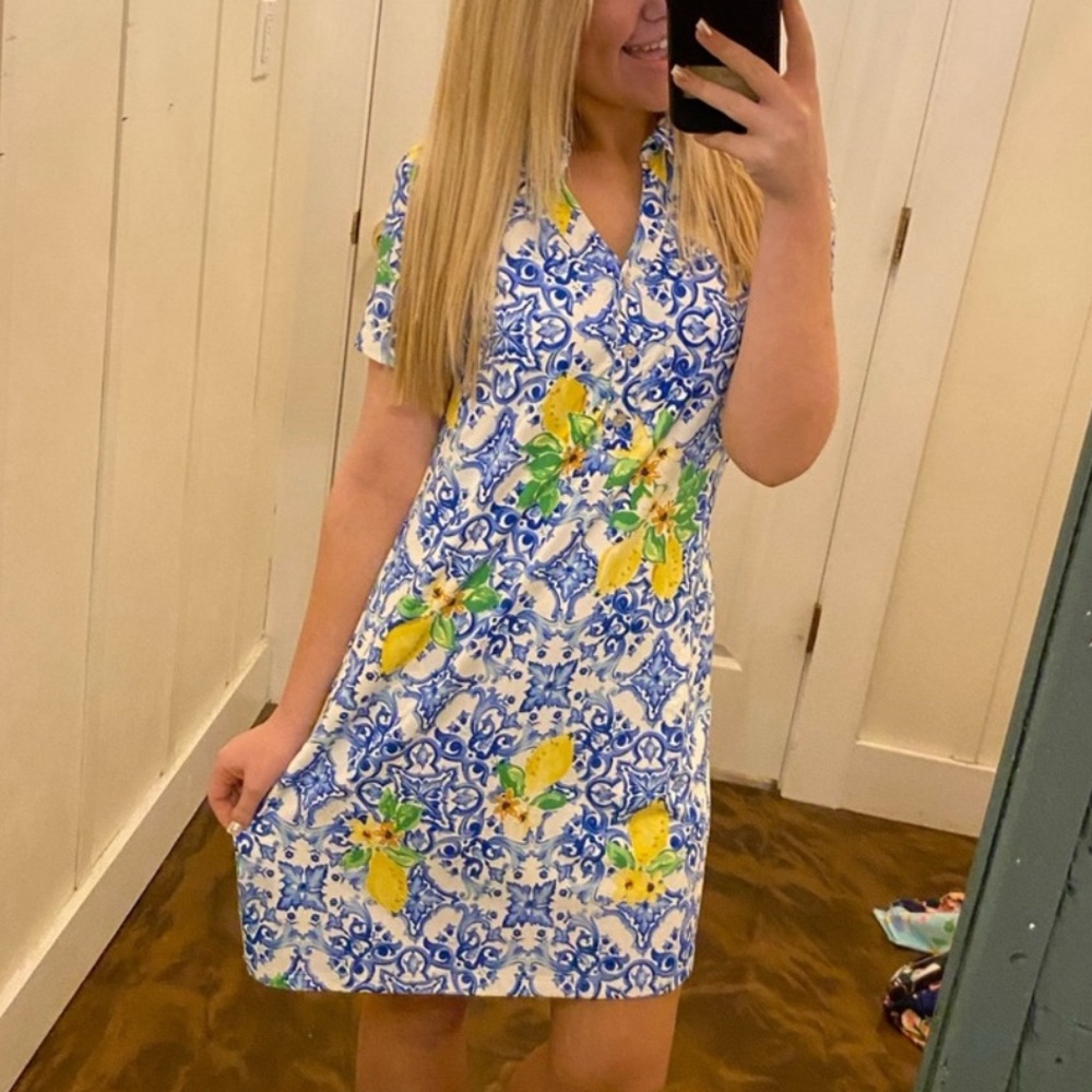 KENNY DANA- Blue and Yellow Lemon polo Floral Dress UPF 50